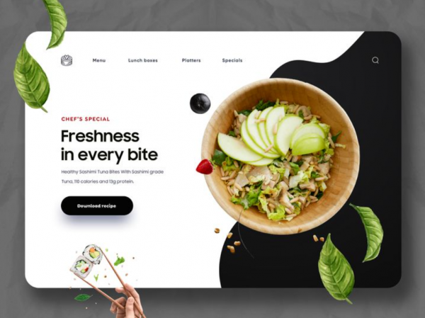 Desain dengan ilustrasi kustom yang menggambarkan makanan dengan gaya unik